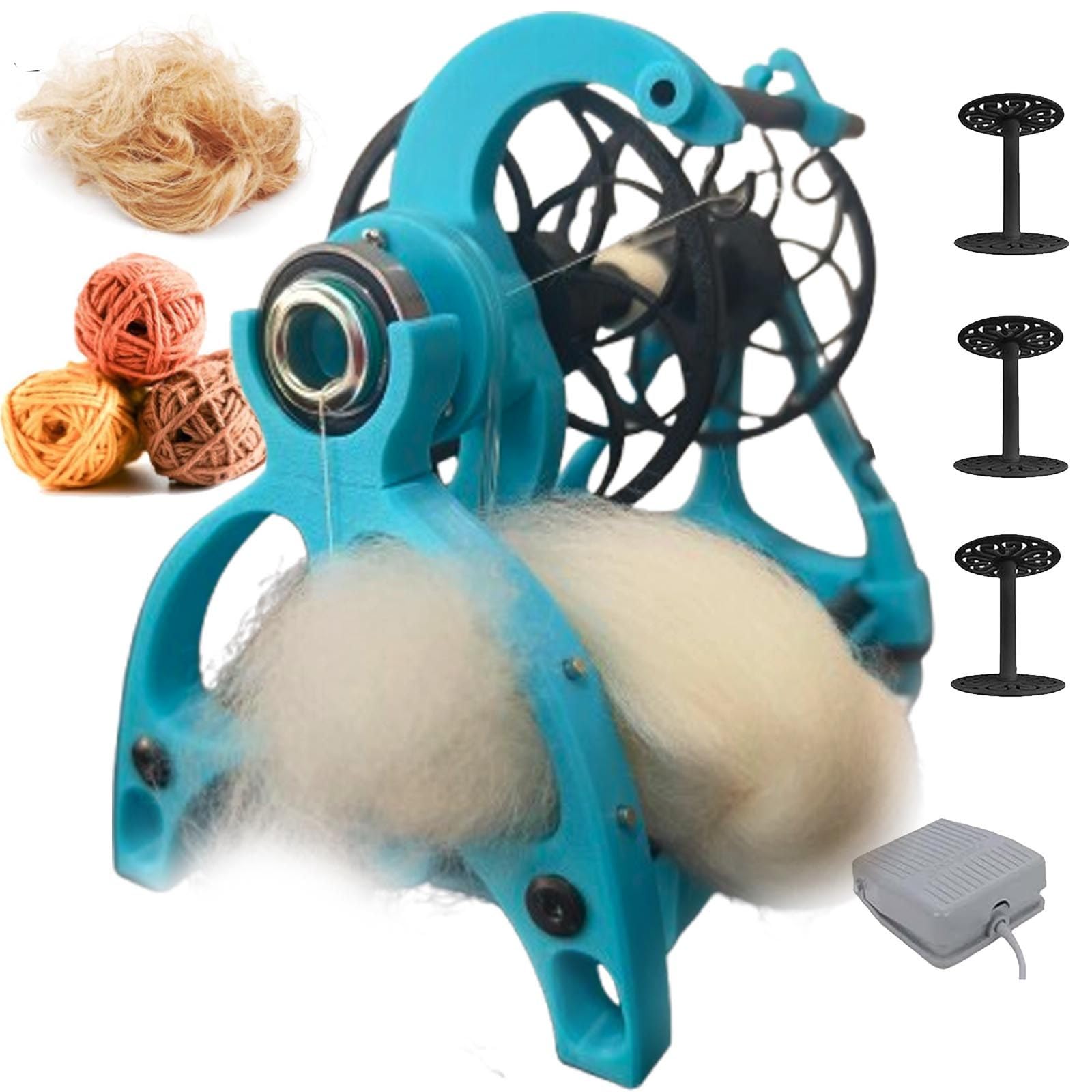 menglanchang Smart Yarn Spinner Machine- Electric Spinning Wheel - 120g Capacity Pet Hair Spinner With Foot switch & 3 Spools,12v Drum Carder- Forward/Reverse Switch,Adjustable Speed,Blue2