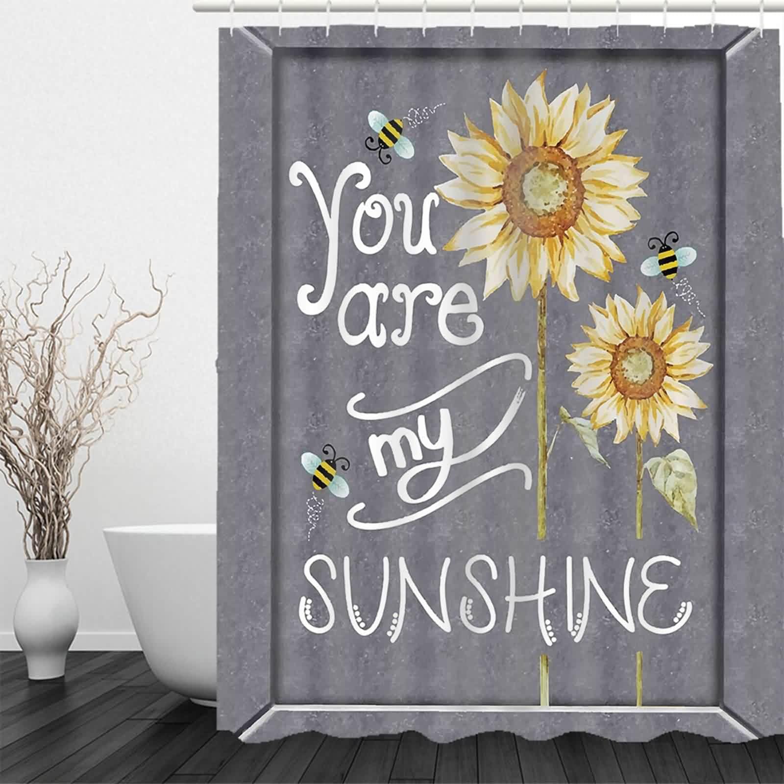 Rideau Douche en Tissu Bandelette Tournesol Lin Impermeable Baie Vitrée Coulissante sans Percage Blanc Gris Jaune Imperméable Anti-Moisissure, Lavable Machine 220x180cm