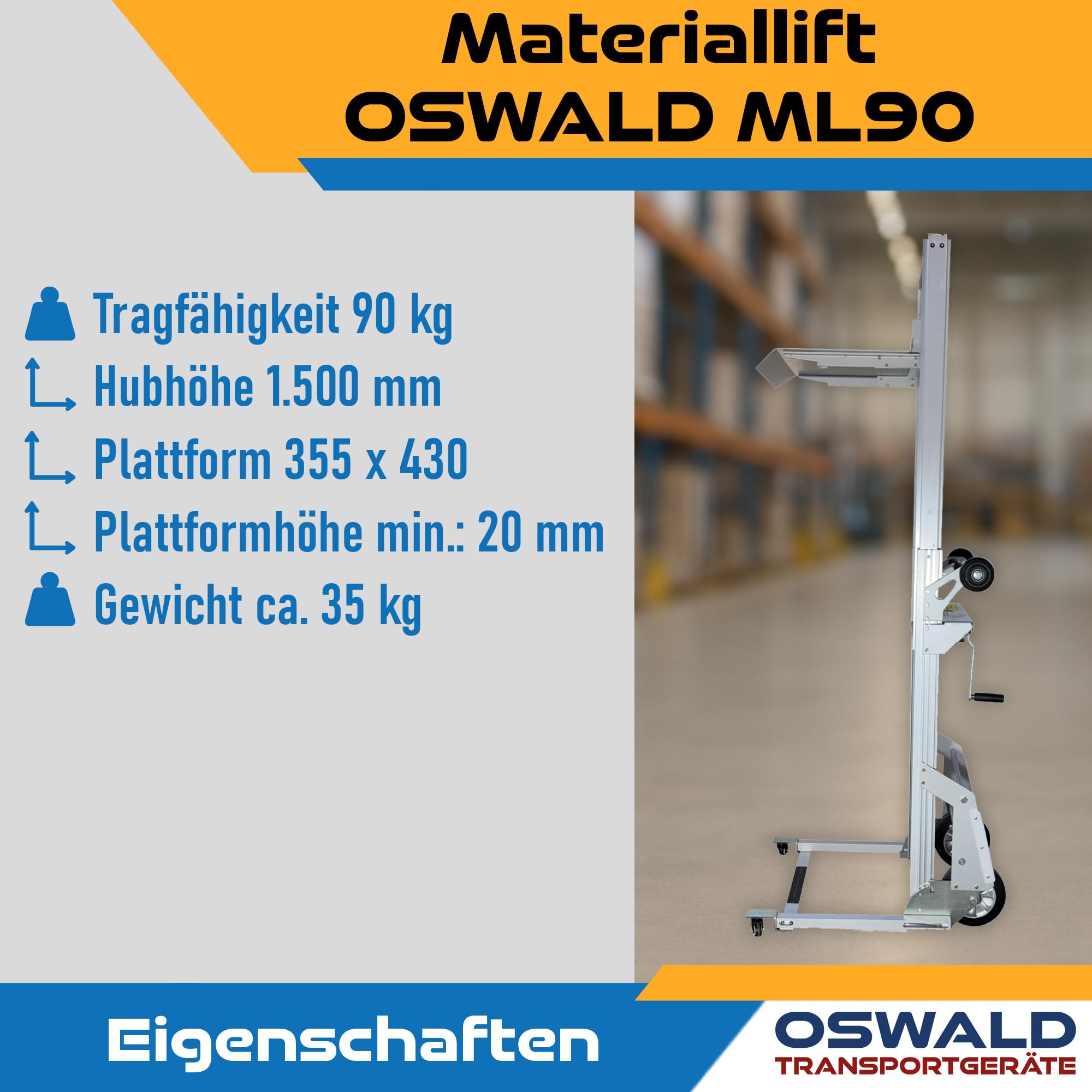 Materiallift ML90 - klappbar mit Plattform - 90 kg Tragkraft - 1550 mm Hubhöhe - Stapler Hubwagen