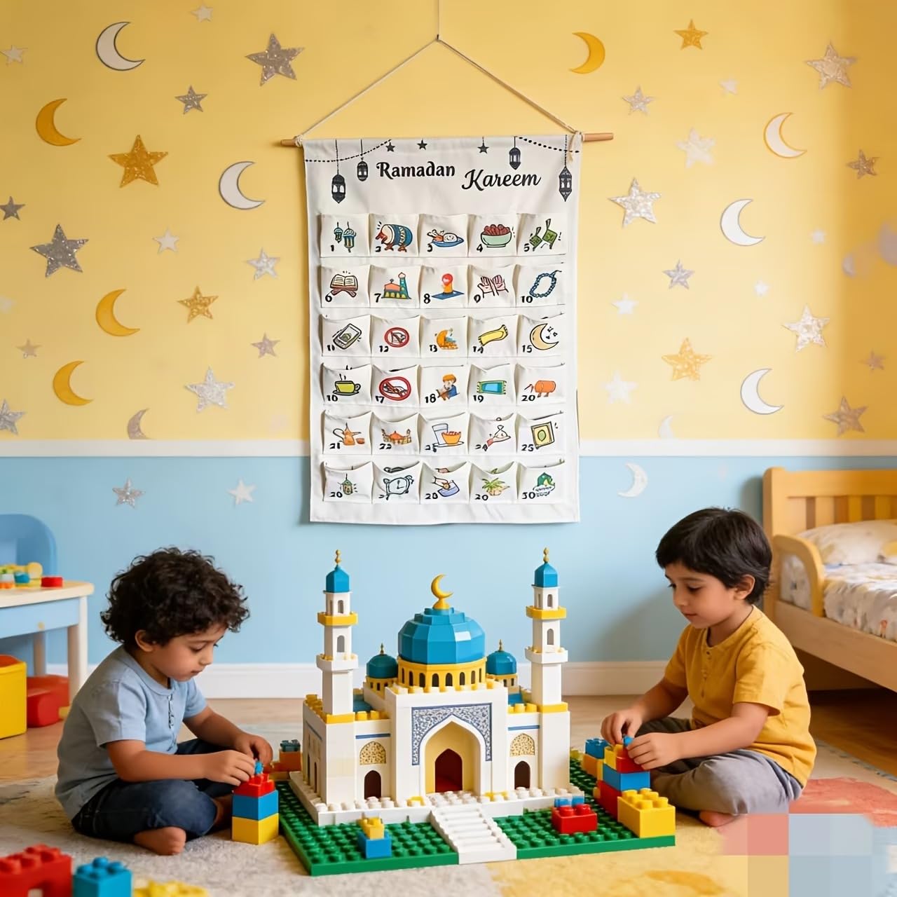 Leinwand Wand-Organizer für Ramadan | Eid Mubarak Countdown Kalender & Tägliche Überraschungen | Multifunktionaler Ramadan Adventskalender