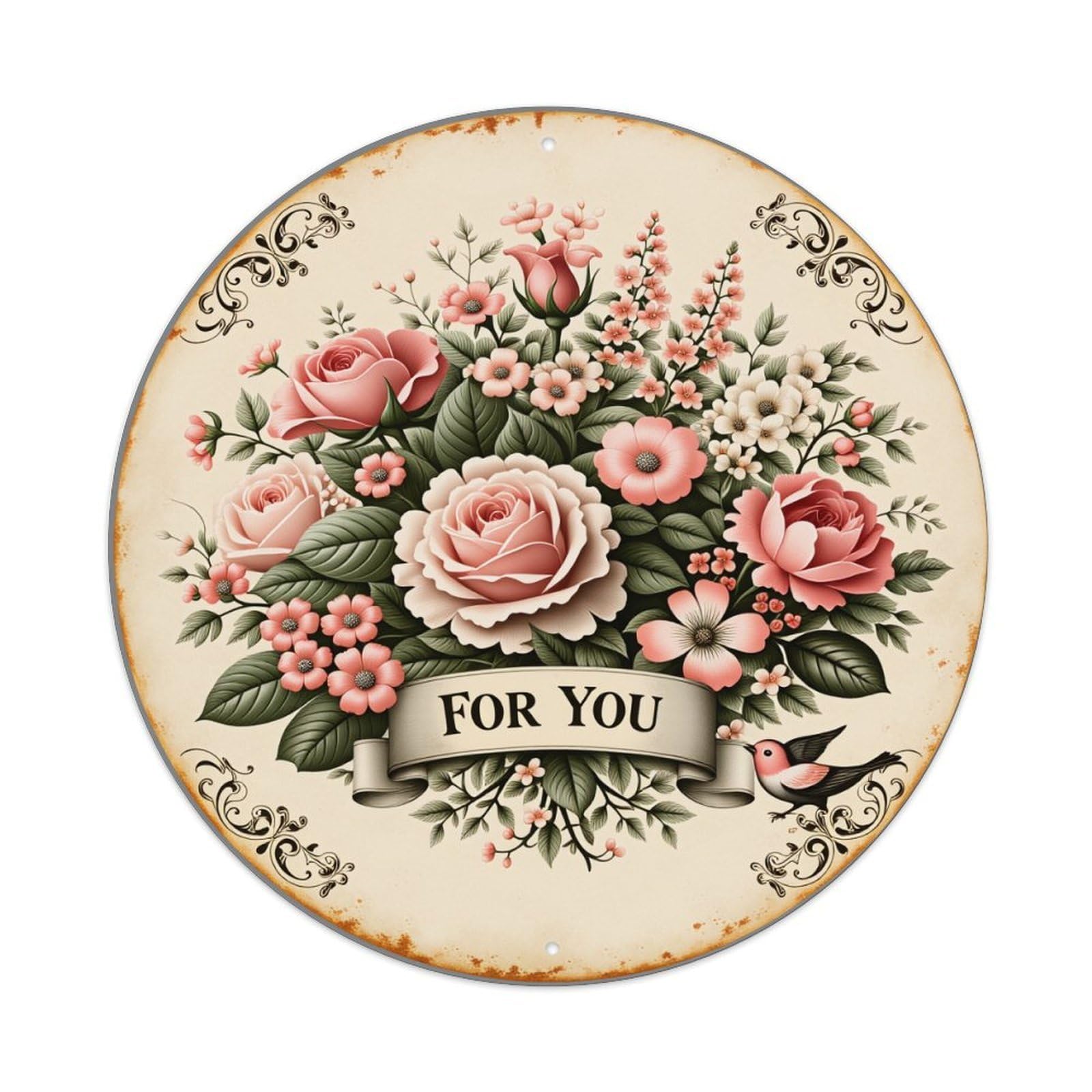 Floral Arrangement With Roses And Birds For You Round Vintage Tin Sign,Retro Wall Art,Metal Poster for Home, Bar, Garage, Cafe, Rustic Indoor & Outdoor Decor, 8x8 Inches