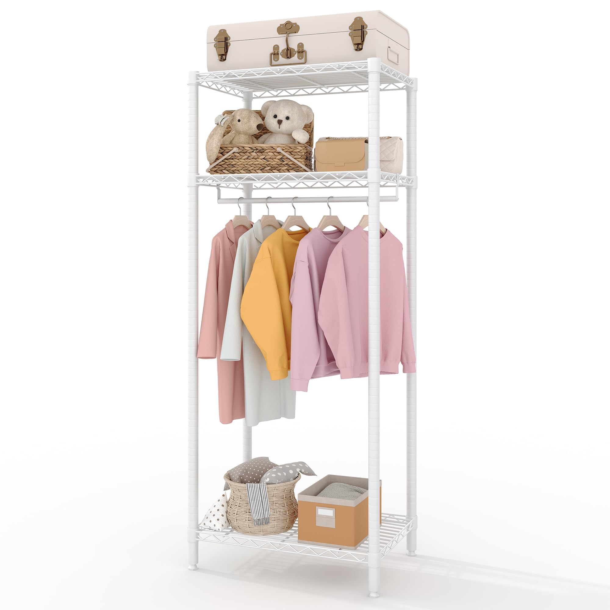 Perchero de Pie Mini Metálico, 3 Estantes y 1 Barra Colgadora, Blanco, 60x40x180 cm, Ahorro de Espacio para Dormitorio y Salón