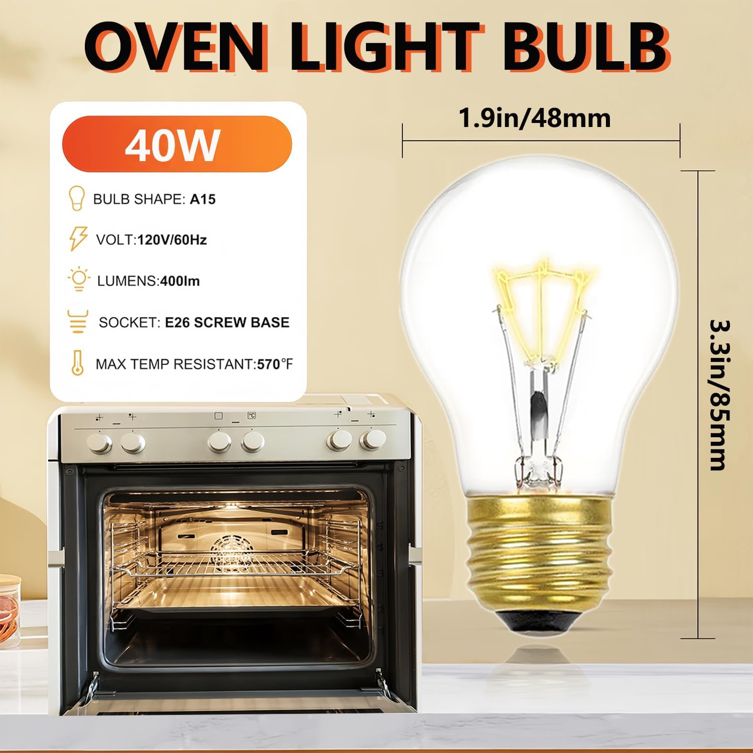 Appliance Oven Light Bulbs 40 Watt- High Temperature 300 Degree Resistant -A15 E26 Medium Base 120V, Dimmable, Warm White,4Pack