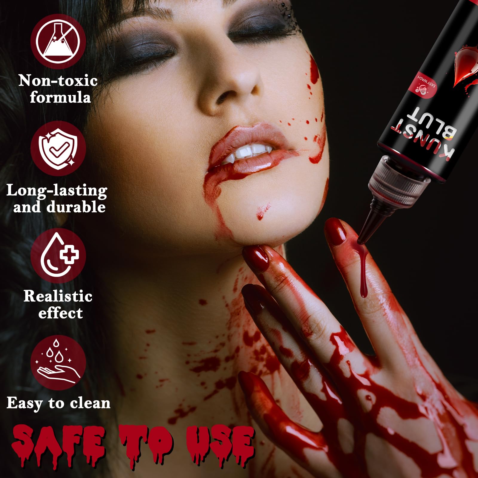 SEO-FANALLY Sangue Finto 50 ml +1 Spugna, Halloween Trucchi Viso Lavabile, Trucco Halloween Fake Blood Kit, Utilizzato per il Trucchi Halloween, Zombie, Vampiro, Cosplay, Trucco da Clown Teatrale