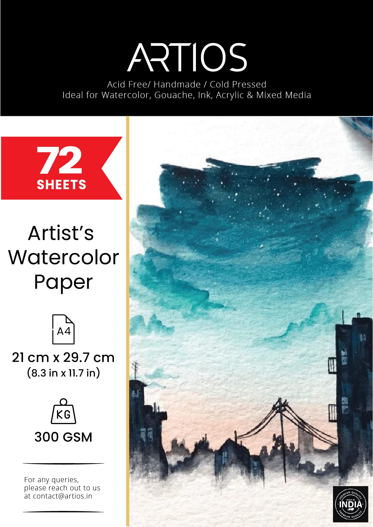 ARTIOS Watercolor Paper, 300 GSM, 100% Cotton, Handmade, A4, 72 Sheets