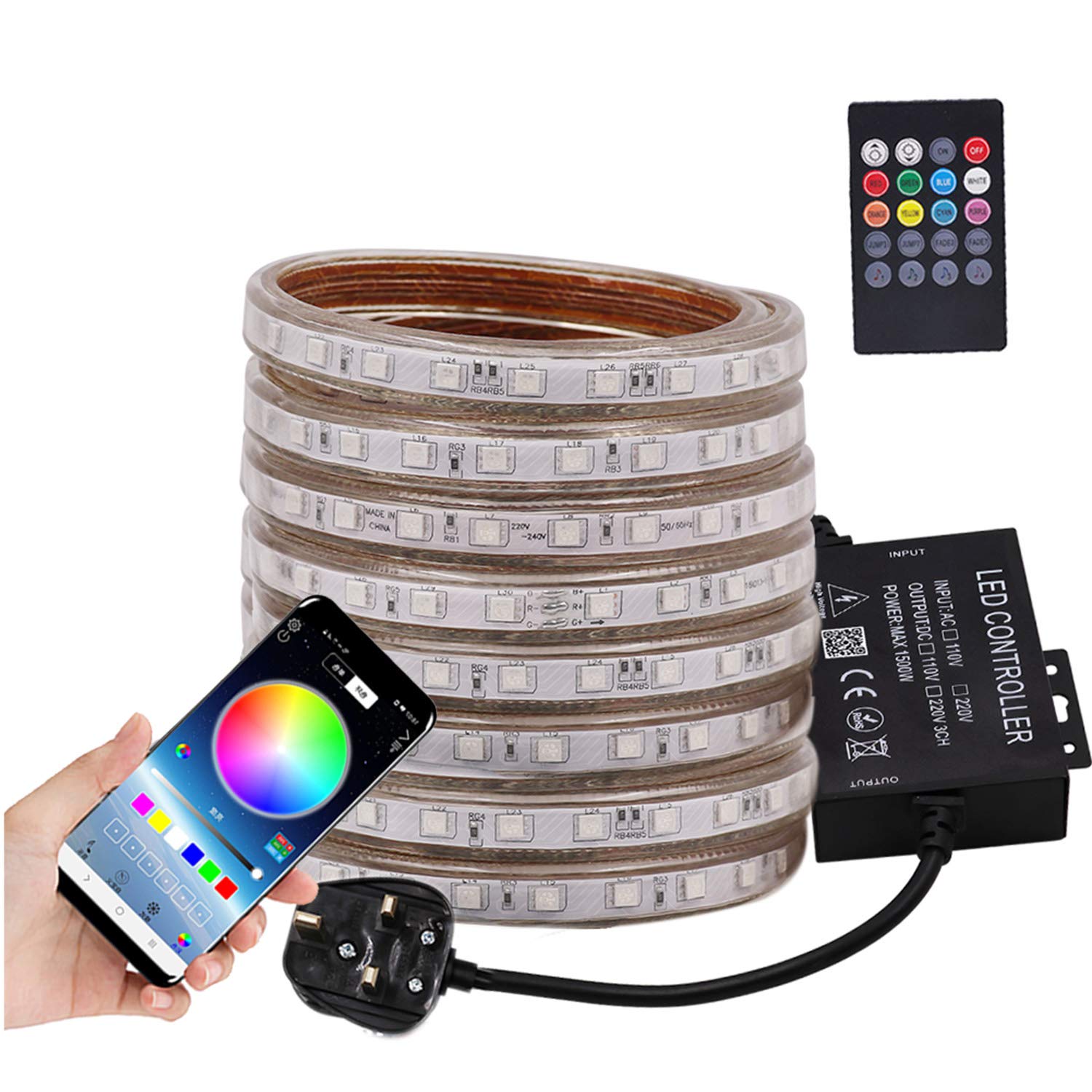Kit de tira LED inteligente de sincronización de música y control Bluetooth, 100 m SMD 5050 RGB 120 LEDs/m de cuerda de luces + control remoto regulable, IP65 impermeable para decoración comercial en