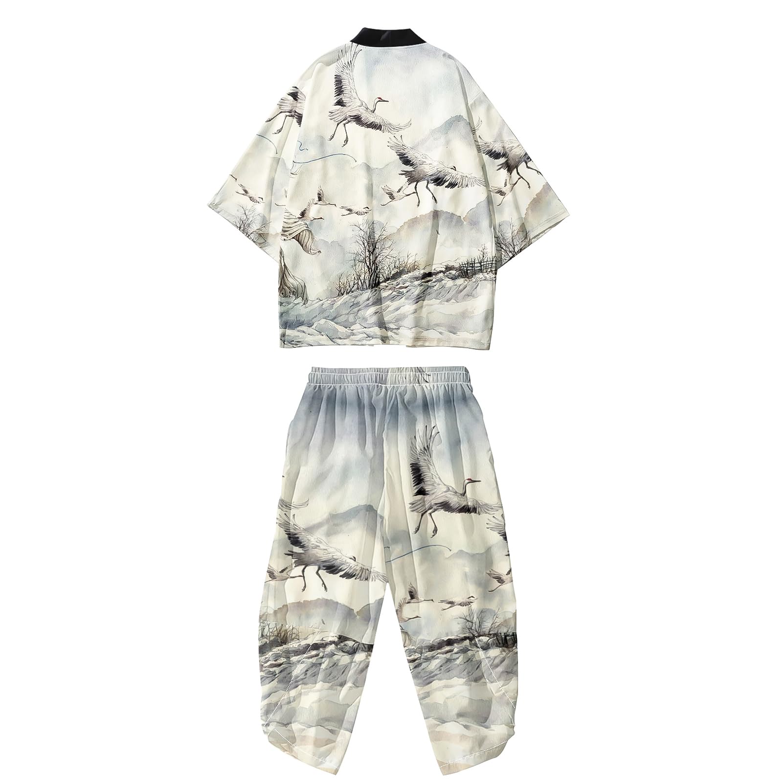 Mens Kimono Set Japanese Kimono Shirt &amp; Shorts 2 Piece Summer Beach Outfits