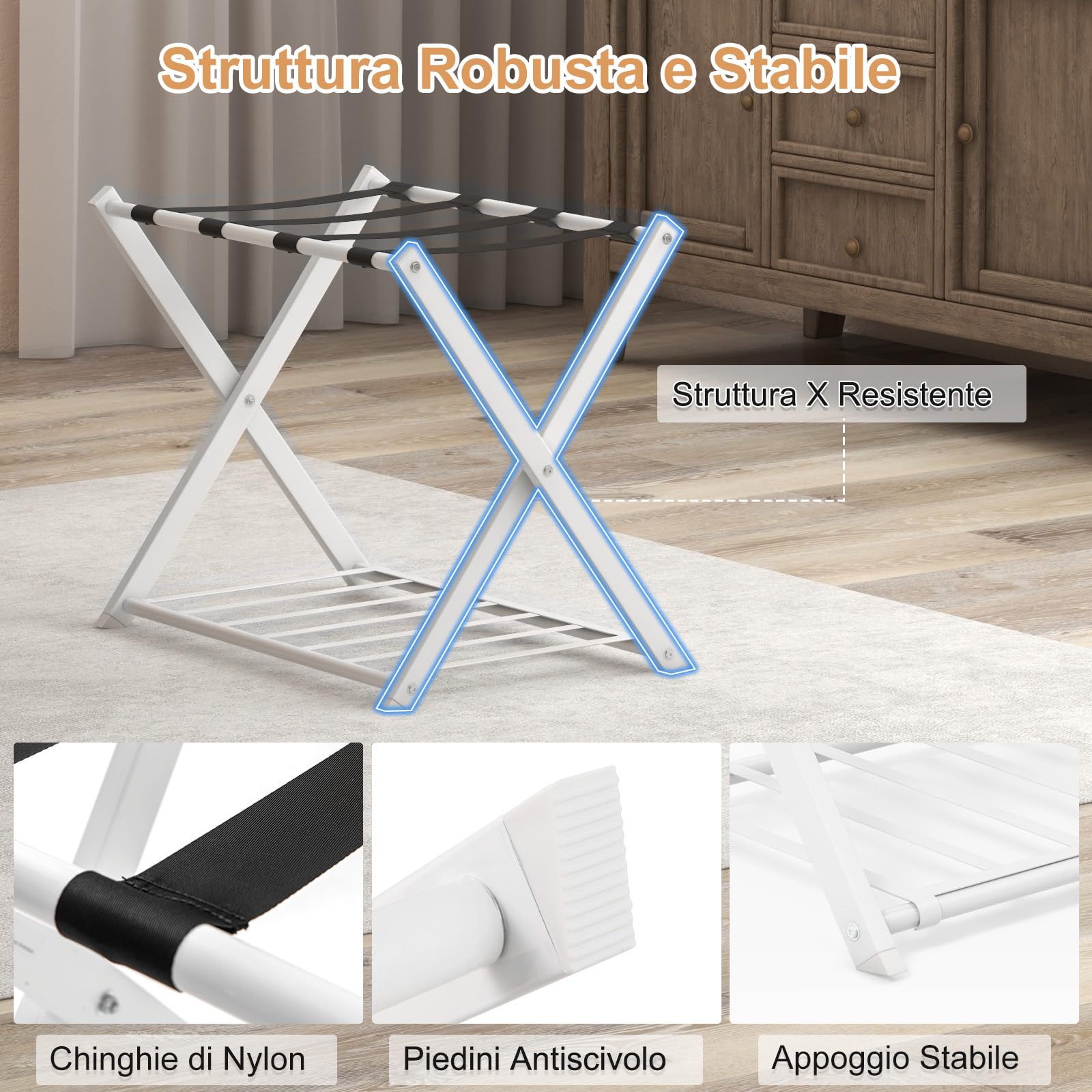 SOARS Lot de 2 Porte-Valises Pliants en Métal, 68 x 45 x 57 cm, Porte Bagages avec 2 Étagères, Robuste pour Chambre, Hôtel, Charge 80 kg (Blanc)