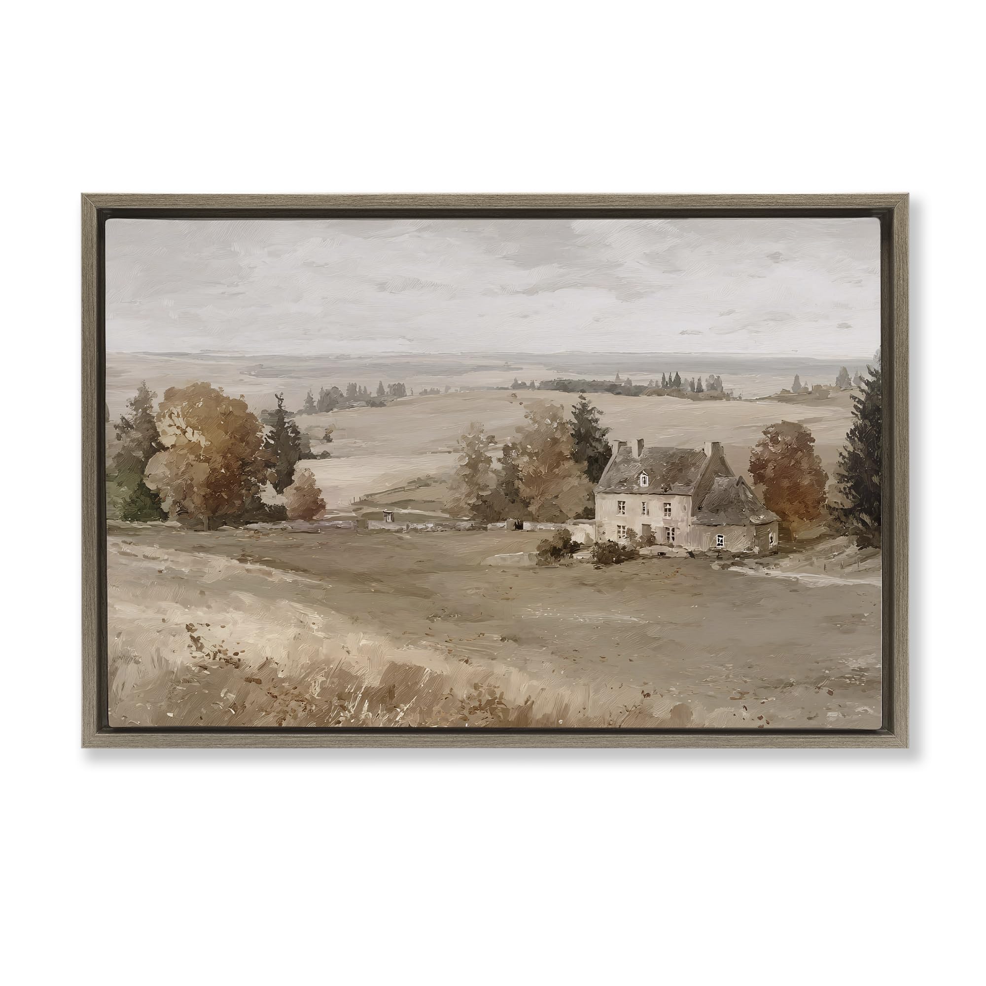 Stupell Industries 'Quaint Cottage in Countryside', Floating Frame Canvas Art, Brown, 25 x 17 Inches, Easy to Hang and Sturdy, Made in USA, by Jacky Ngan