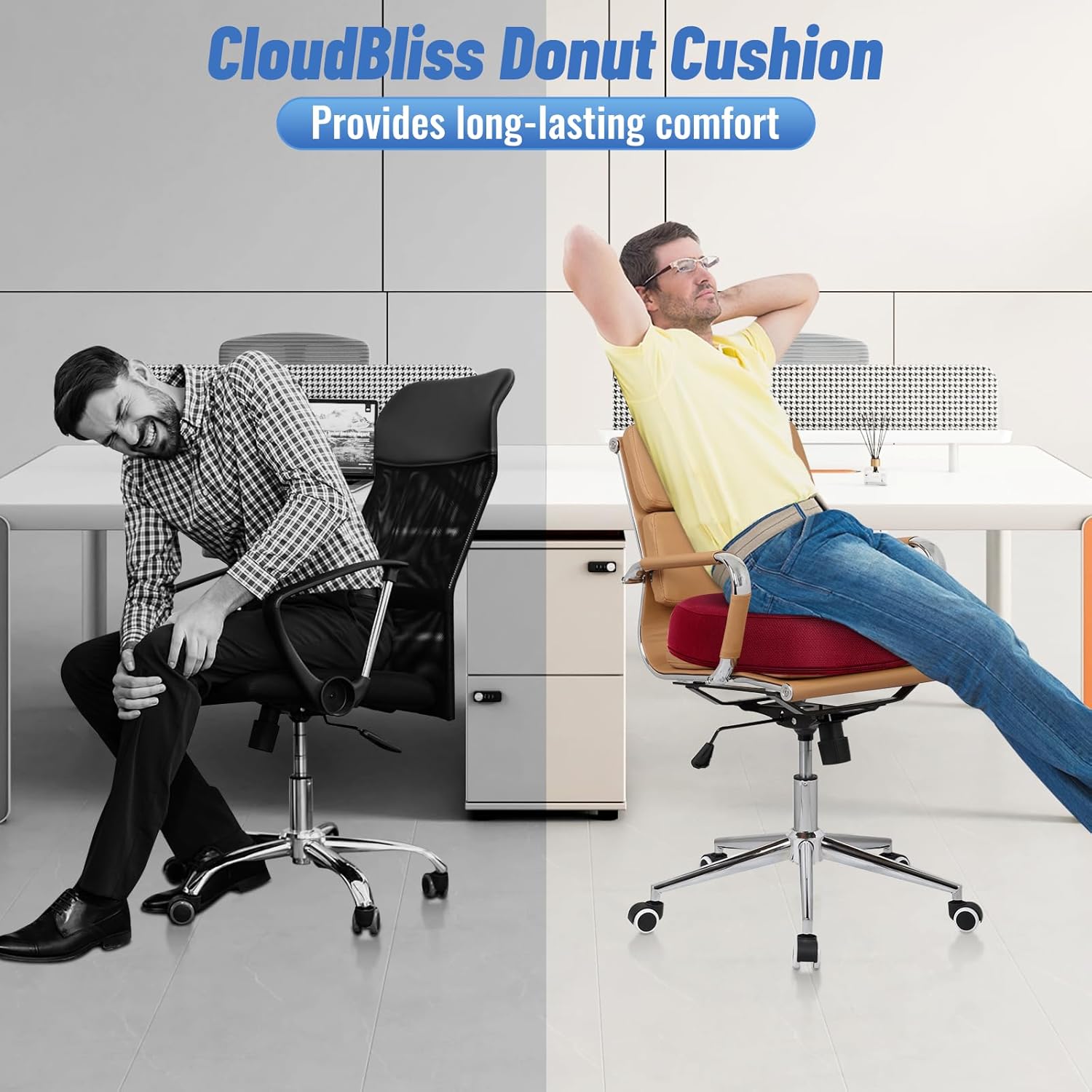 CloudBliss Donut Pillow Seat Cushion Chair Pad for Tailbone Pain Relief and Hemorrhoids, Memory Foam Seat Chair Cushion for Men and Women for Home & Office, (Red-2XL)
