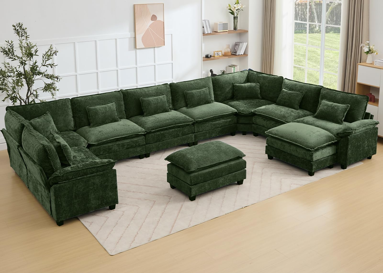 Oversized Modular Sectional Sofa Set, Convertible Deep Seat Cloud Couch with Ottoman, Large U Shaped Corner Couch with Throw Pillows for Living Room (Green, 10 Seater)