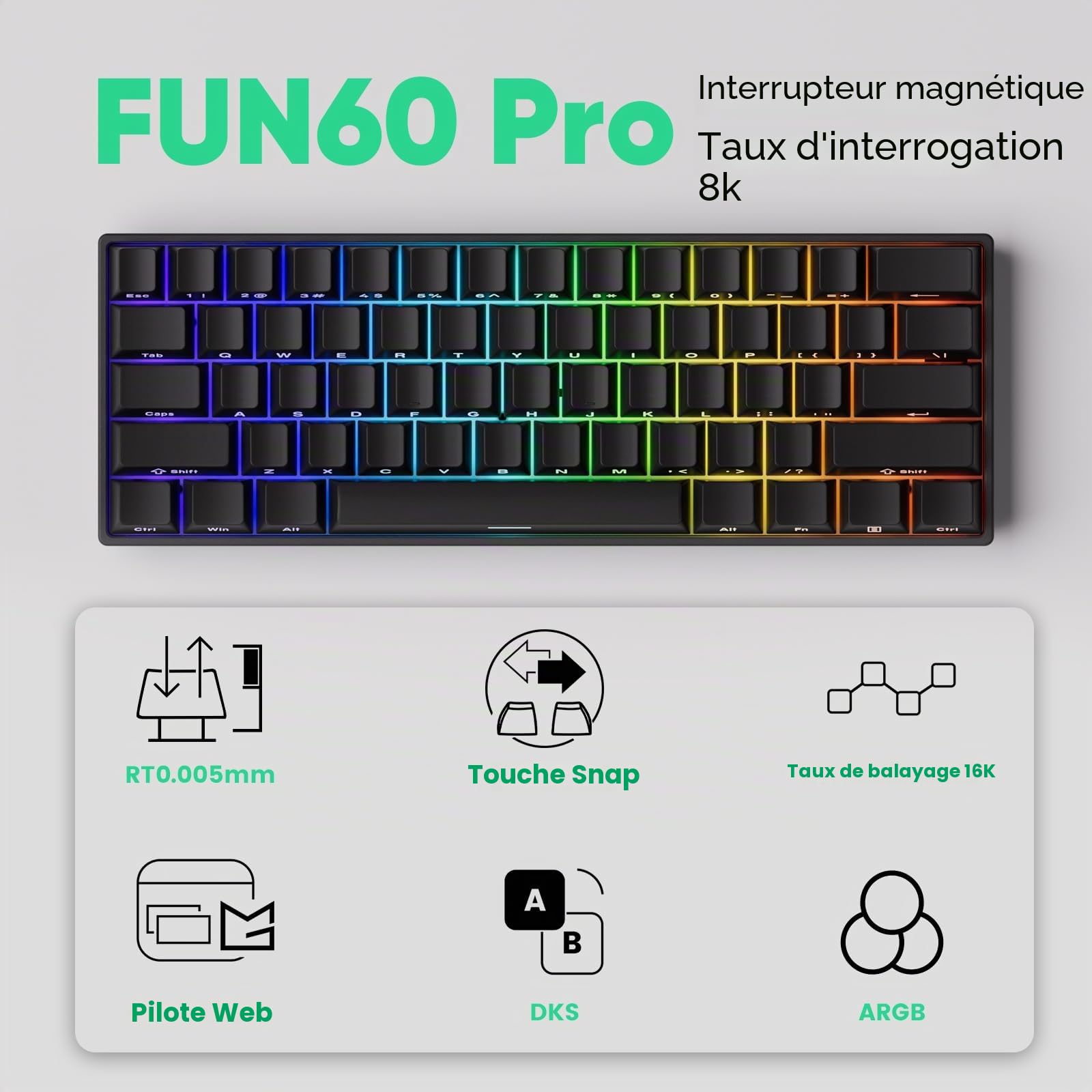 MONSGEEK FUN60 Pro HE Clavier Gaming Rapid Trigger Scan 16K Wired | Switch Magnétique Hall Effect, Taux 8000Hz, Rapid Trigger Ultra Rapide, PBT SP Transparent (Noir) pour FPS Gaming