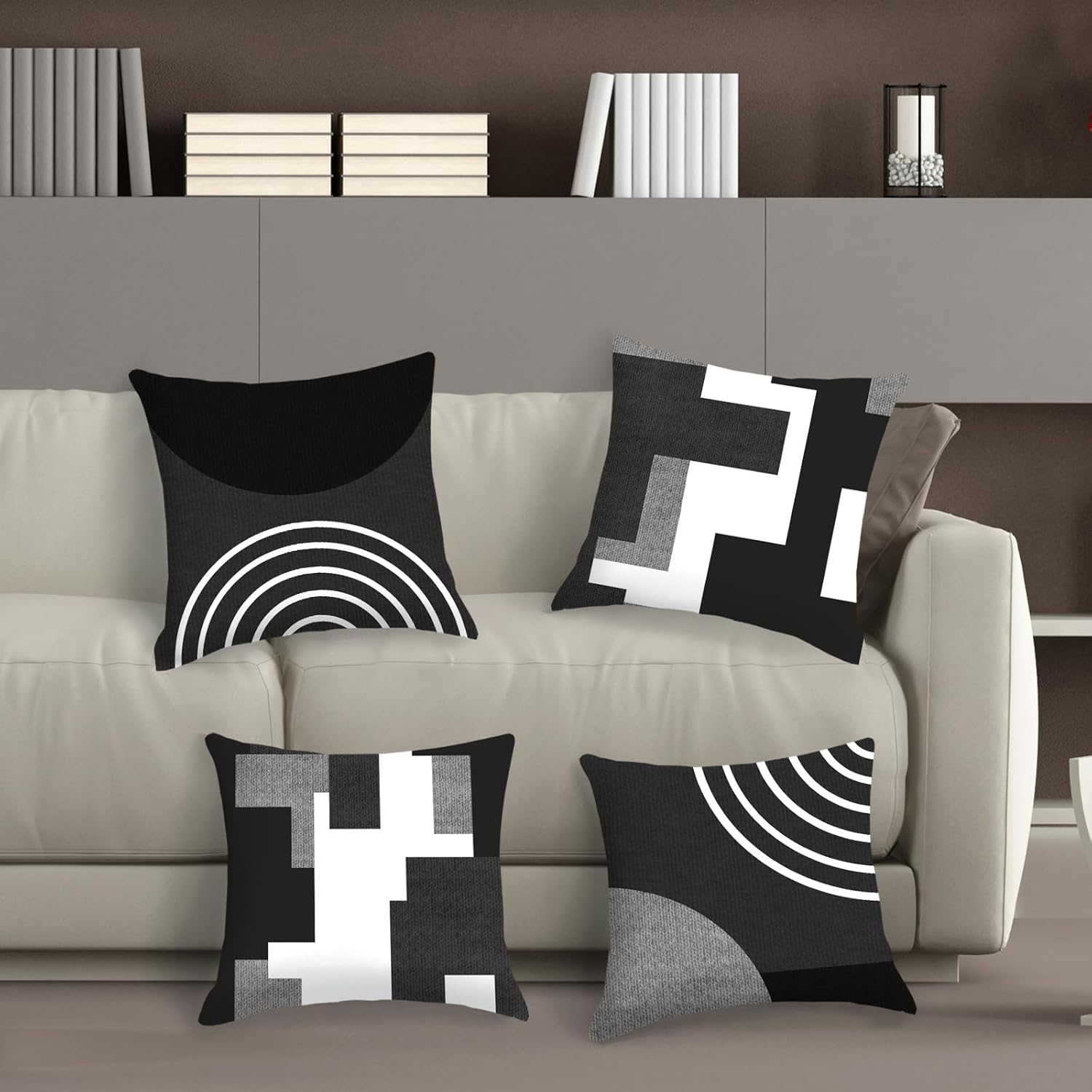 HOSTECCO Black and White Grey Throw Pillow Covers 20x20 inch Set of 4 Abstract Geometric Pillow Cases Square Decorative Cushion Covers for Sofa Couch