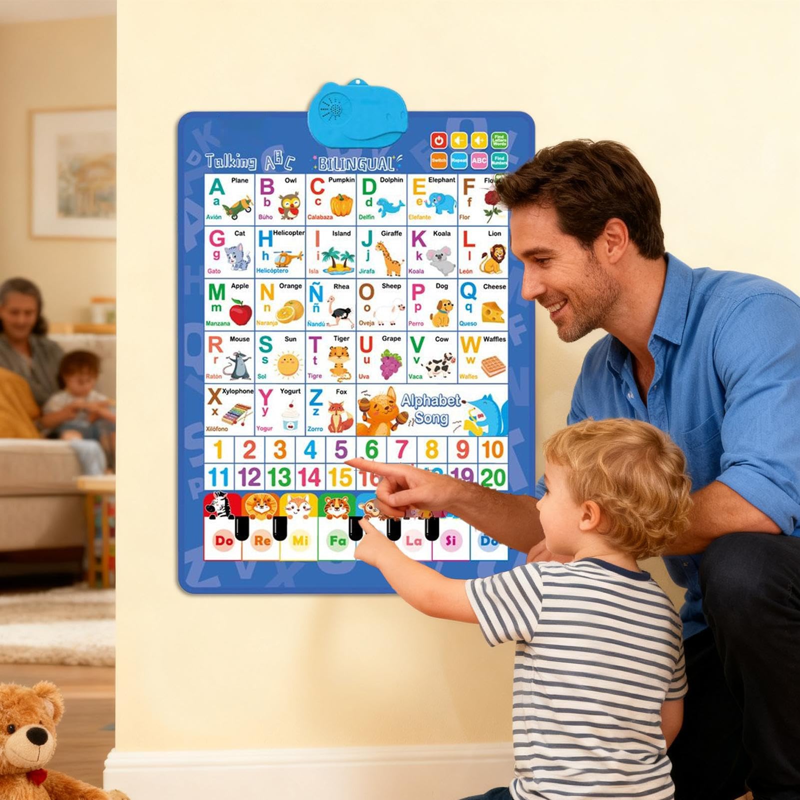 Tablero de Pared parlante - Interactivo bilingüe, póster del Alfabeto, Aprendizaje Musical en español e inglés | Aula, guardería, hogar, Sala de Juegos, cumpleaños