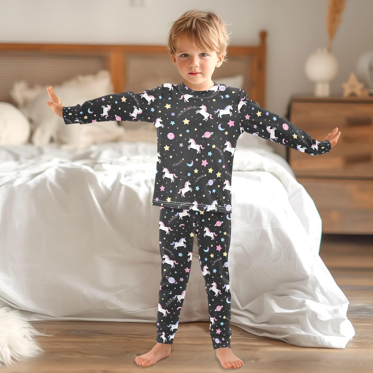 Unicorn Stars Pink Cute Pattern Boys Girls Pajamas Long Sleeve 2 Piece Cotton Suit - Image 6