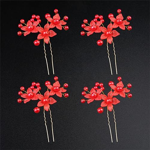 4 unids rojo flor horquillas pelo antiguo ornamento de hadas perla palillos peine horquillas hechas a mano chino Hanfu Vintage Headwear