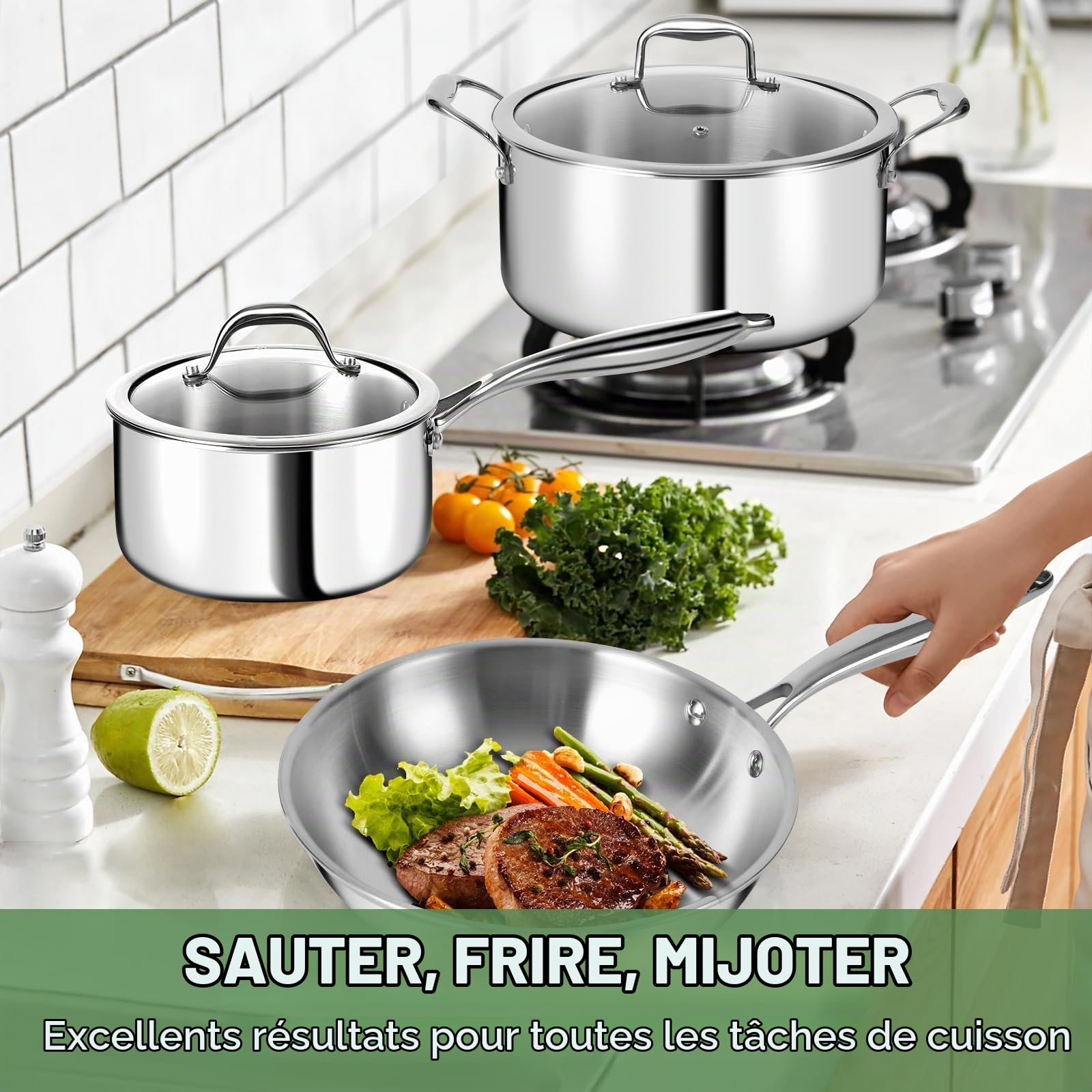 Ensemble de casseroles et poêles en acier inoxydable 3 plis – Batterie de cuisine 11 pièces avec couvercles en verre – Ensemble de casseroles et poêles à induction – Passe au four, sans PFOA, PTFE et