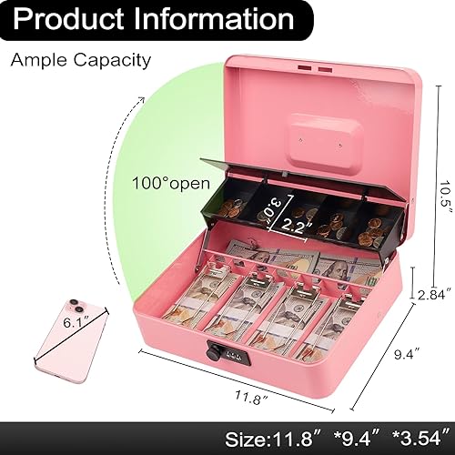 Miniatura 2 de Polspag Caja de efectivo con cerradura de combinación, cajas de efectivo con bloqueo con cable de seguridad y bandeja para monedas, caja de dinero