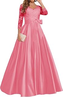 Mother of The Bride Dresses Long Evening Formal Dress V Neck Wedding Guest Groom Gowns Lace Applique 3/4 Sleeve Bowknot