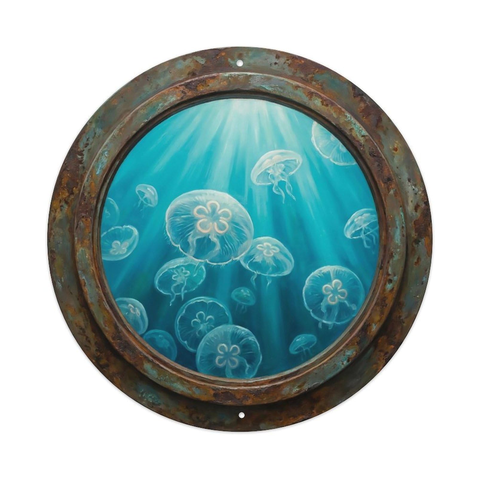 Vintage Porthole Moon Jellyfish Translucent Ship Window Undersea Deep Sea Metal Tin Sign