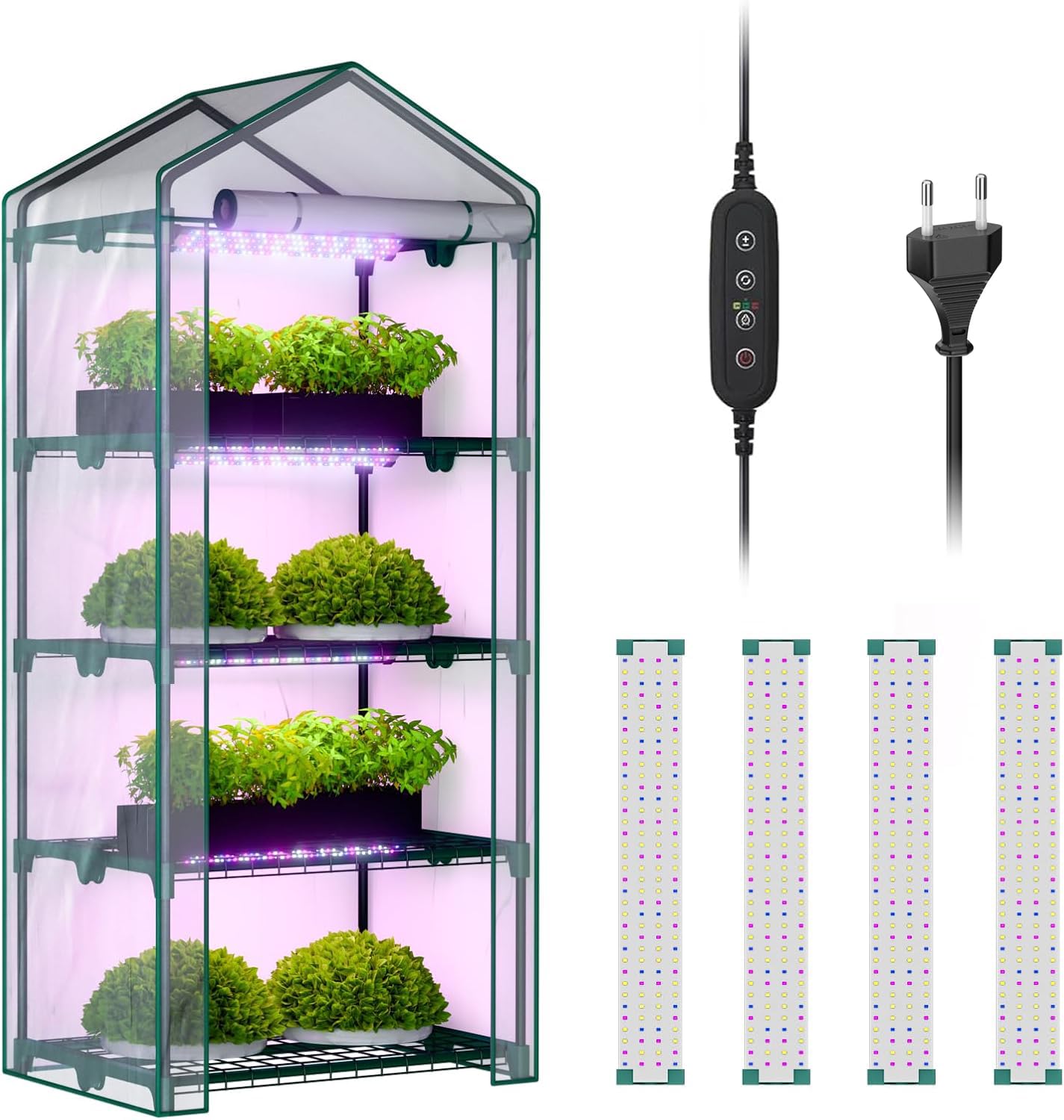 4-stöckiges Zimmergewächshaus mit LED-Wachstumslichtern, 68,5 x 48 x 157,5 cm, Mini-Gewächshaus, PVC-Abdeckung, dimmbar, 28 W Timer-Steuersystem für Saatgutstart und Pflanzenwachstum