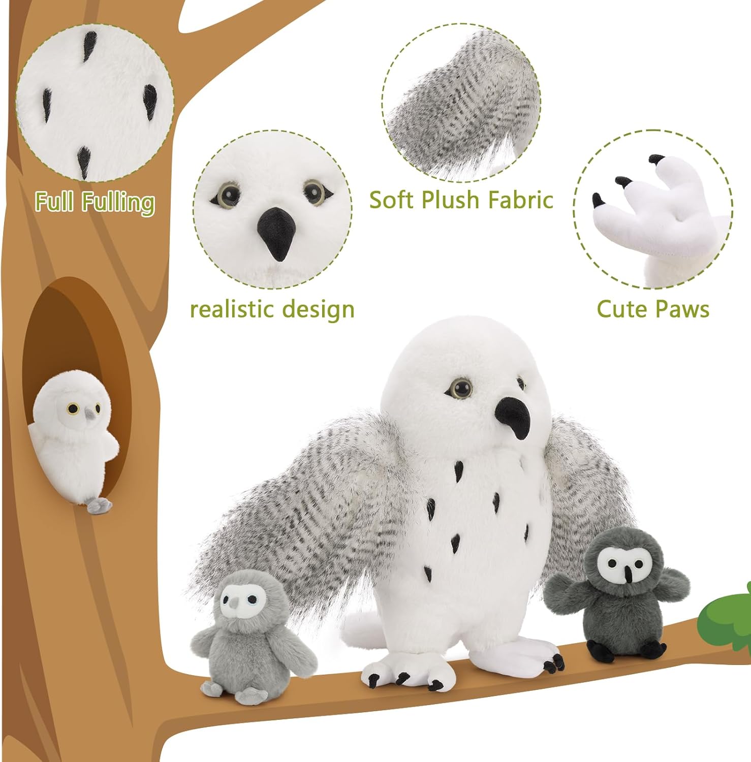 4Pcs Owl Plush Set, Giant Mother Owl Stuffed Animal with 3 Baby Owls Inside, 18" Cute Stuffed Owl for Girls Boys Kids, Soft Owl Plushie Gift for Christmas Birthday Baby Shower, White