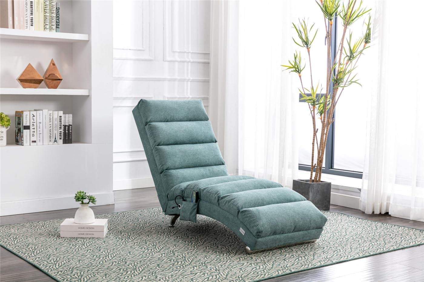 TRIPLE TREE Linen Chaise Lounge Chair,Electric Massage Recliner Chair Sleeper Chair,Modern Upholstered Long Lounger for Office,Living Room,Bedroom,Teal