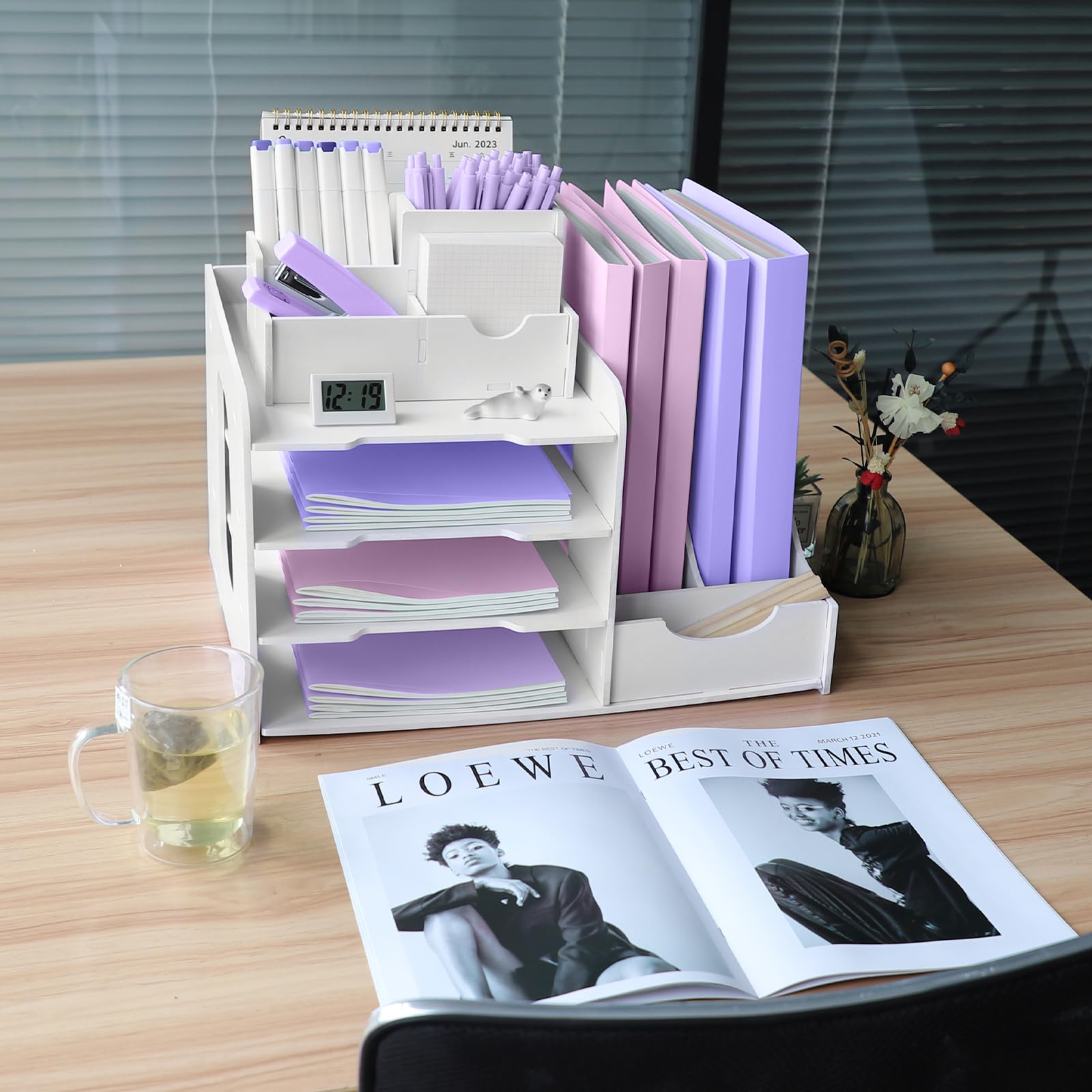 Brievenlade organizer, A4 papieren archiefladen, 4-laags kantoorarchieflade, bureaumap opgeruimde organizer met stapelbare archieflade, bureaupapierorganizer met pennenhouder (wit