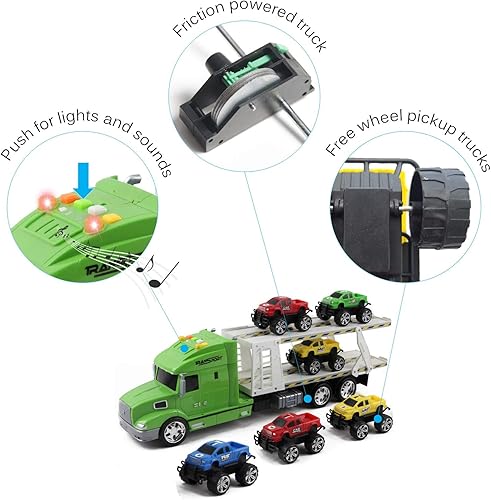 Miniatura 2 de Vokodo Semirremolque de juguete de 20 pulgadas con luces y sonidos, incluye 6 autos de recogida para niños, gran aparejo, vehículo portador de
