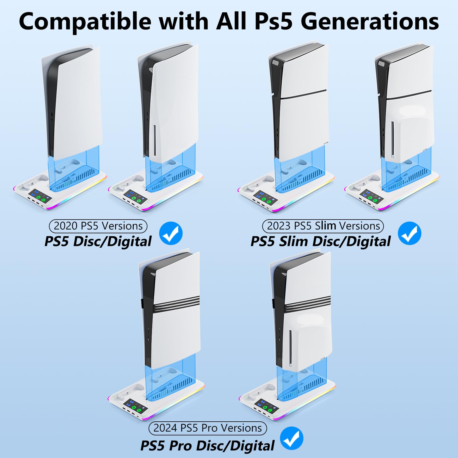Caricabatterie controller per PS5/PS5 Slim/Pro: supporto per ventola di raffreddamento PS5 e stazione di ricarica per controller, accessori sottili PS5/PS5 dock di ricarica verticale per console