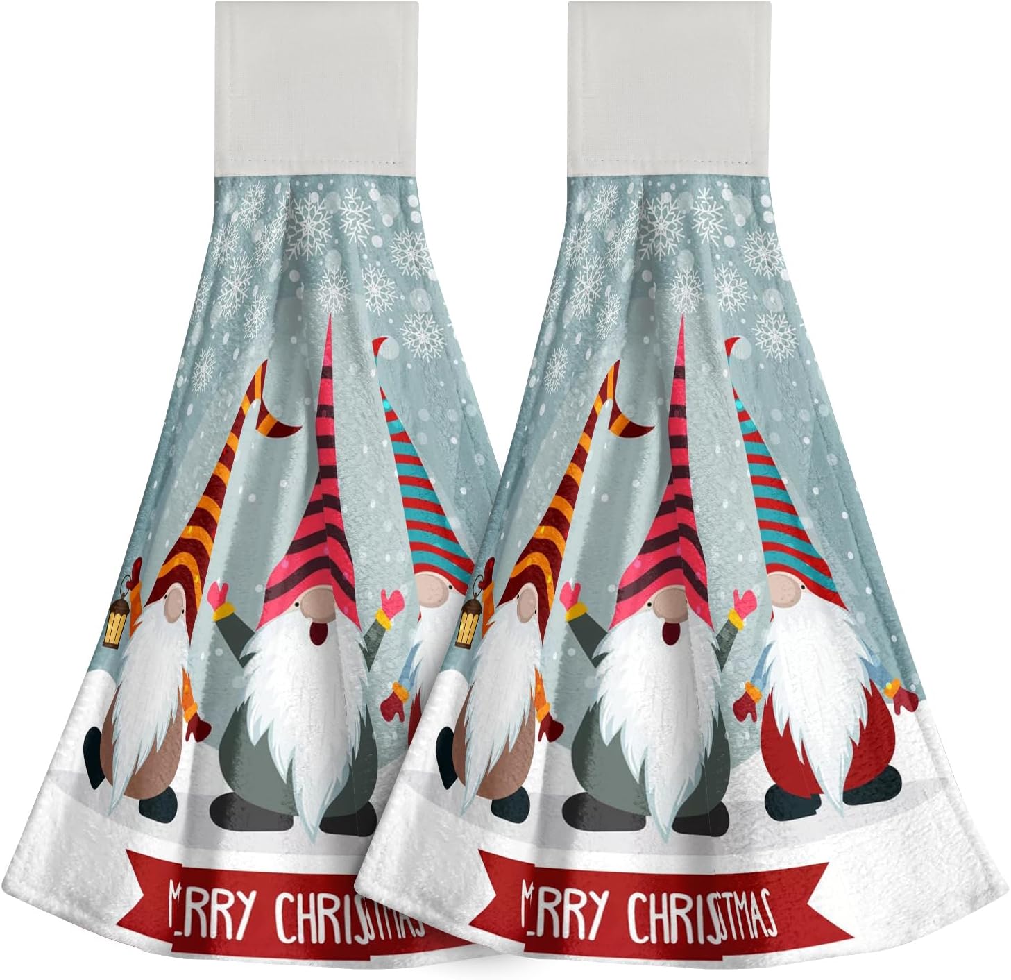 Giwawa Xmas Gnome Kitchen Hanging Towel Set of 2 Merry Christmas Cute Elf Hand Tie Towels with Loop & Hook Winter Snowflake Dish Cloth Towels Fast Drying for Bathroom Spa Home Decor