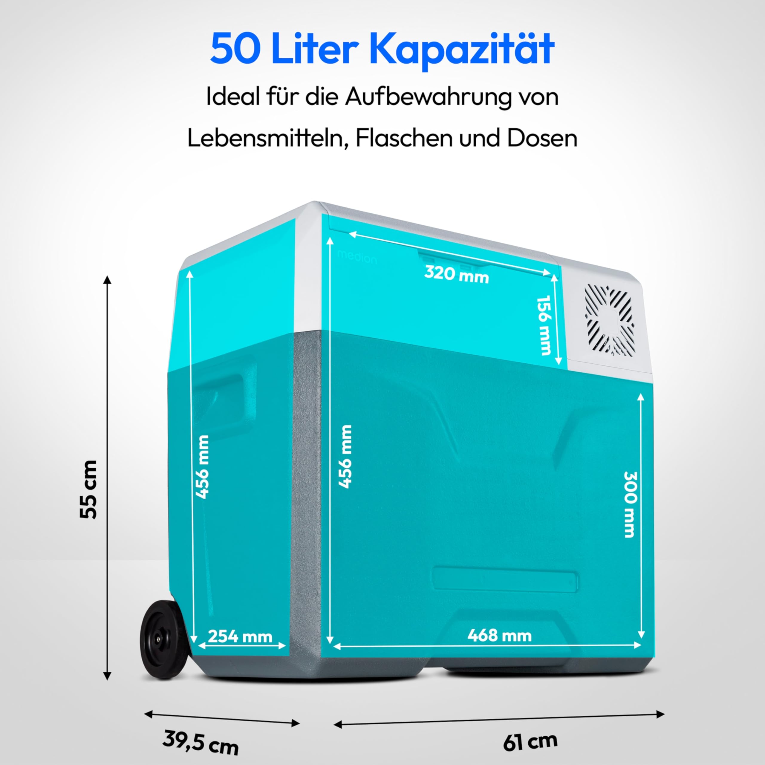 MEDION mobile elektrische Kompressor Kühlbox (50L Kapazität, elektrisch, Mini Kühlschrank & Gefrierbox, USB, 230V 12V 24V KFZ Adapter, für Auto LKW Wohnwagen Camping Boot Garten Festival, MD13112)