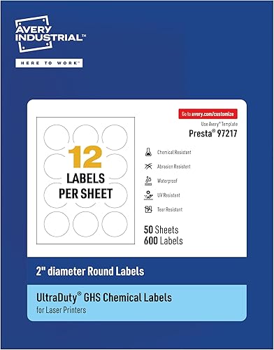 Avery UltraDuty - Etiquetas GHS, impermeables, etiquetas redondas de 2 pulgadas, paquete de 600 etiquetas blancas para uso con impresoras láser