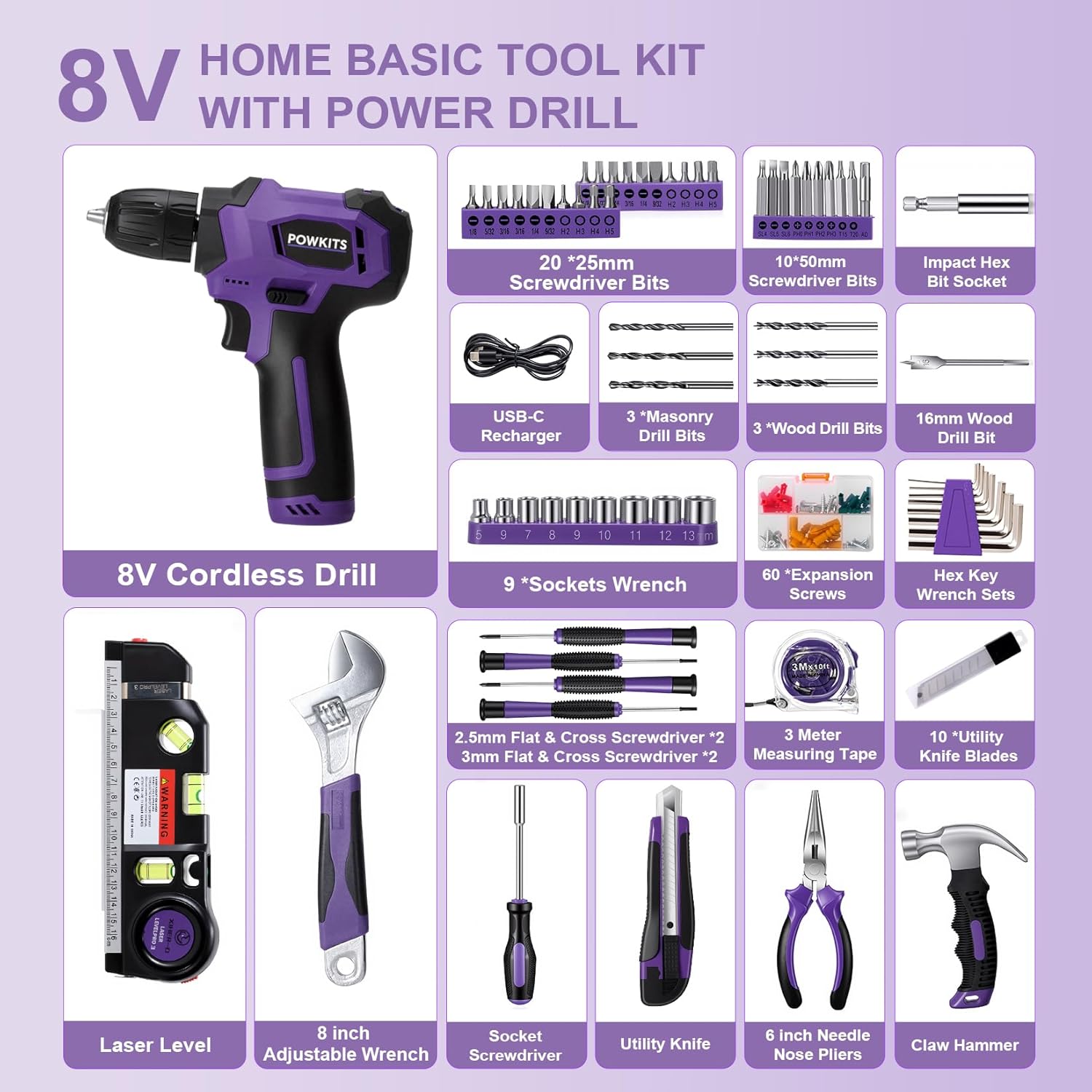 Tool Kit: 139 PCS Cordless Drill Set with Li-Ion Battery, 8V Power Drill with Type-C Charging, Portable Basic Home Tool Set for DIY Projects (Purple-A)