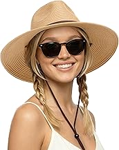 Sombreros de sol de paja de verano para mujer, ala ancha, sombrero de playa Panama Fedora con cordón de viento UPF 50+