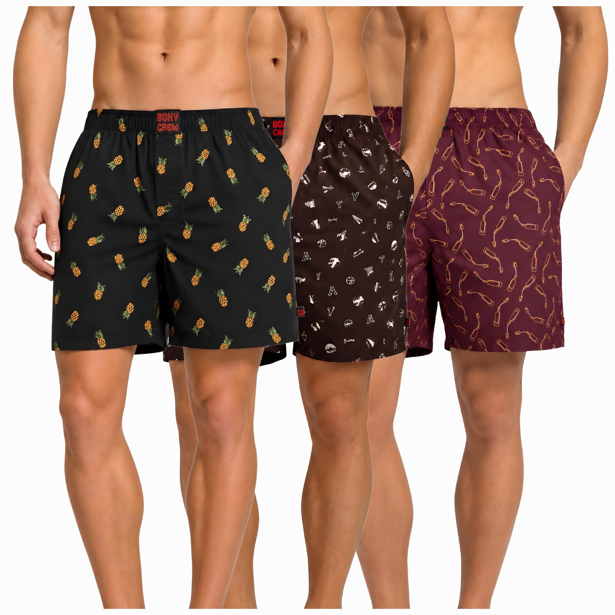 Men's 100% Cotton Boxer Shorts Pack of 3, Charcoal, Brown & Maroon | Woven Boxers with Side Pockets, No-Marks Elastic Waistband, Breathable Relaxed Fit | Style 004-005-014-image-46