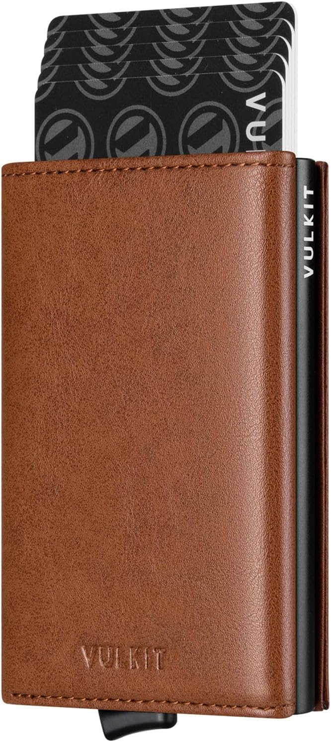 VULKIT Credit Card Holder with Banknote Compartment RFID Blocking Pop up Leather Card Wallet with ID Window, Brown