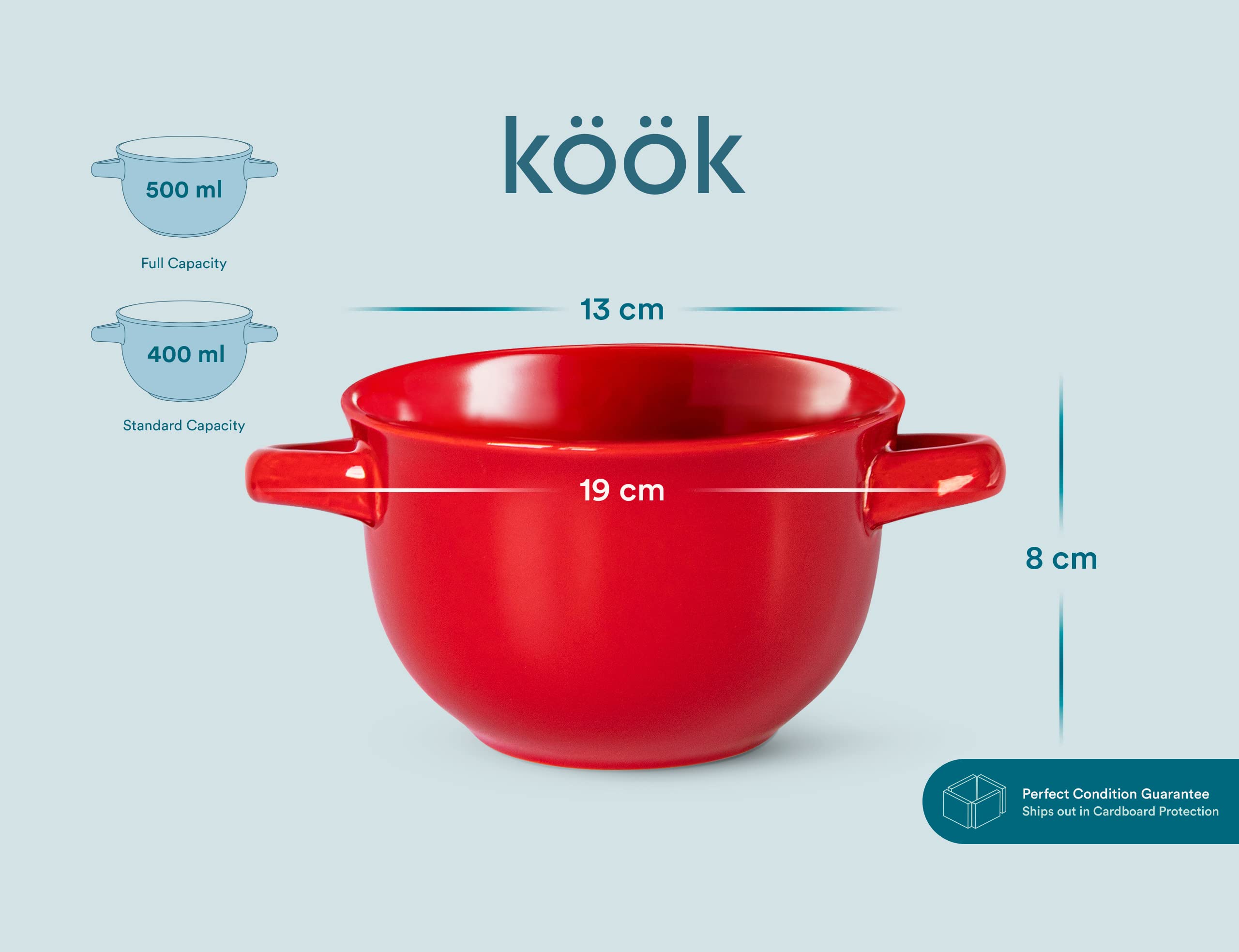 KooK Lot de 4 bols à soupe à l'oignon français avec poignées, pour riz, dessert, pâtes, lave-vaisselle, micro-ondes, four et gril, rouge, 530 ml