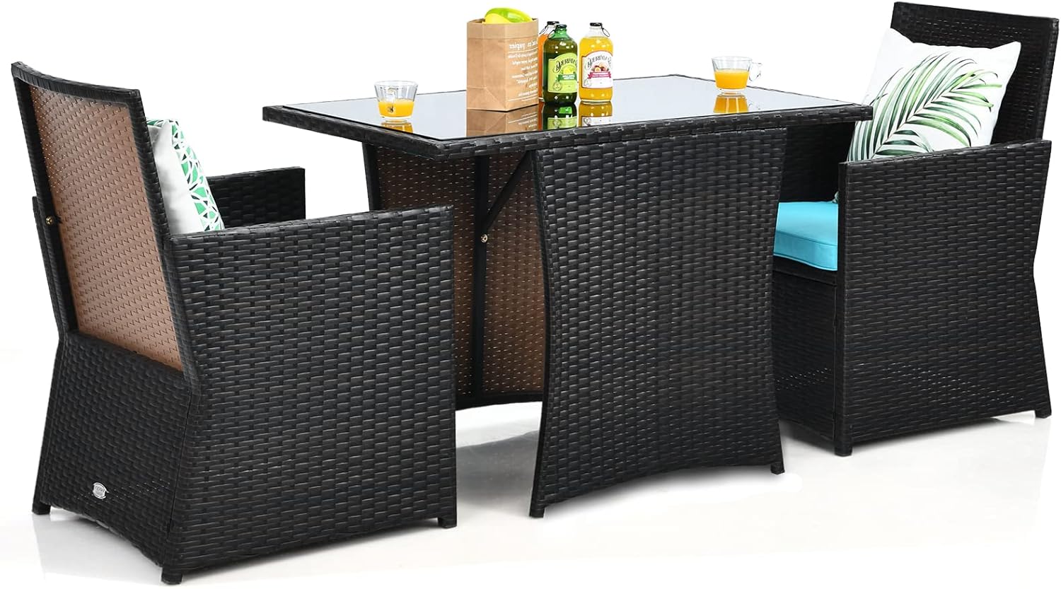KOTEK 3 Piece Outdoor Dining Set, PE Rattan Dining Table & Chairs Set with Tempered Glass Top & Cushions, Wicker Conversation Set, Patio Bistro Set for Backyard Garden Porch (Turquoise)