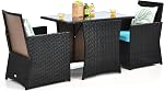 KOTEK 3 Ensemble de repas extérieur en pièce, PE Table à manger en rotin & Chaises avec plateau en verre trempé & Coussins, Ensemble de Conversation en Wicker, Set de Bistro de Patio pour Porc de jardin (Rouge)