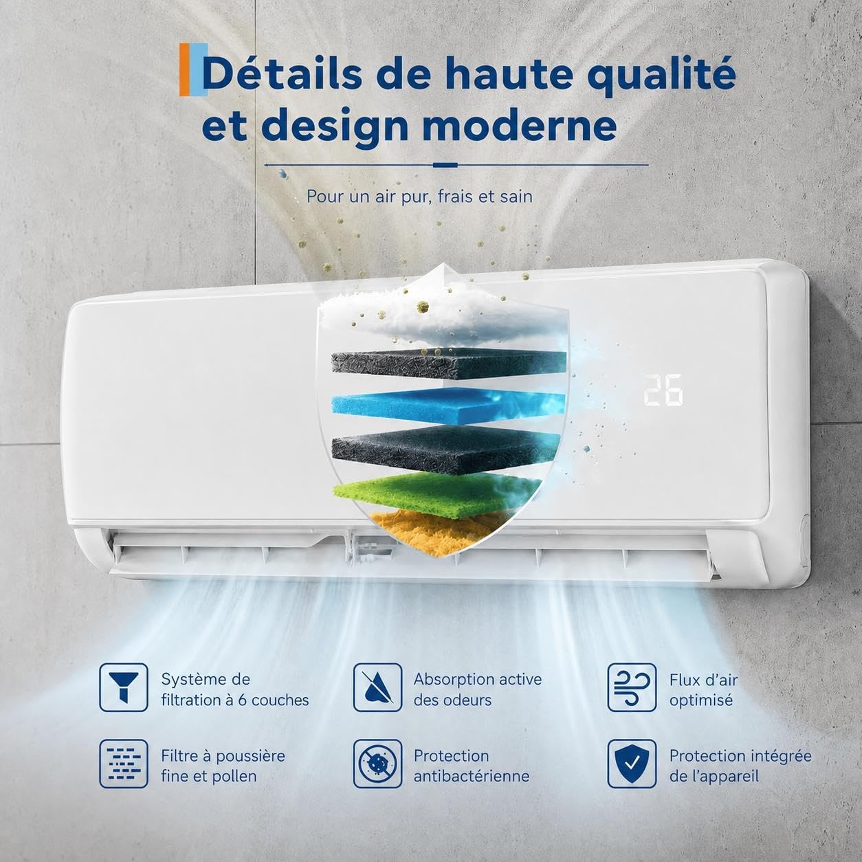 Climatiseur Split Mural Réversible Inverter 18000 BTU (≈4500 frigories), Chaud et Froid Classe A++, Fluide R32, Silencieux, Déshumidification, Minuterie, Pilotage WiFi/App, Faible consommation