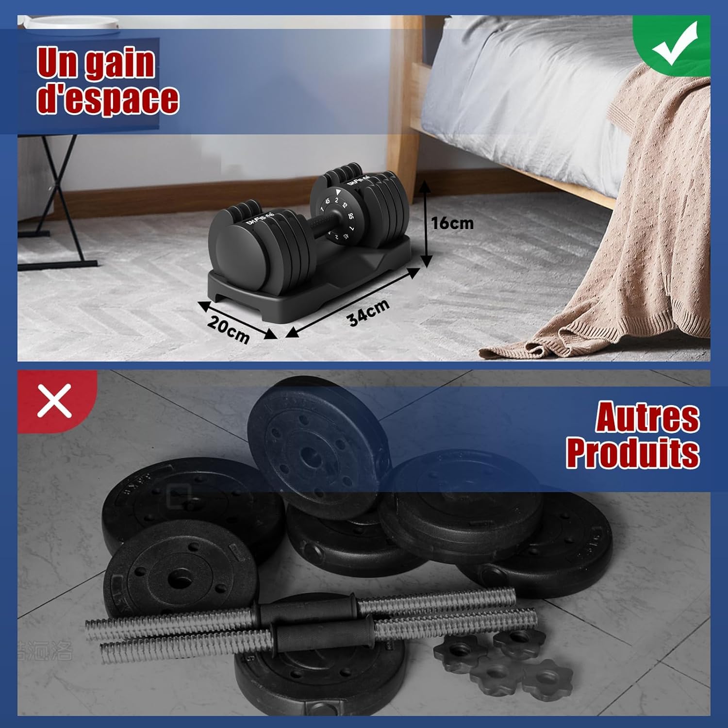 DH FitLife Lot de 2 haltères réglables de 12 kg - 2 à 12 kg - Avec 5 niveaux de poids - Avec disques d'haltères - Haltères courts réglables - Poids variable 5 en 1