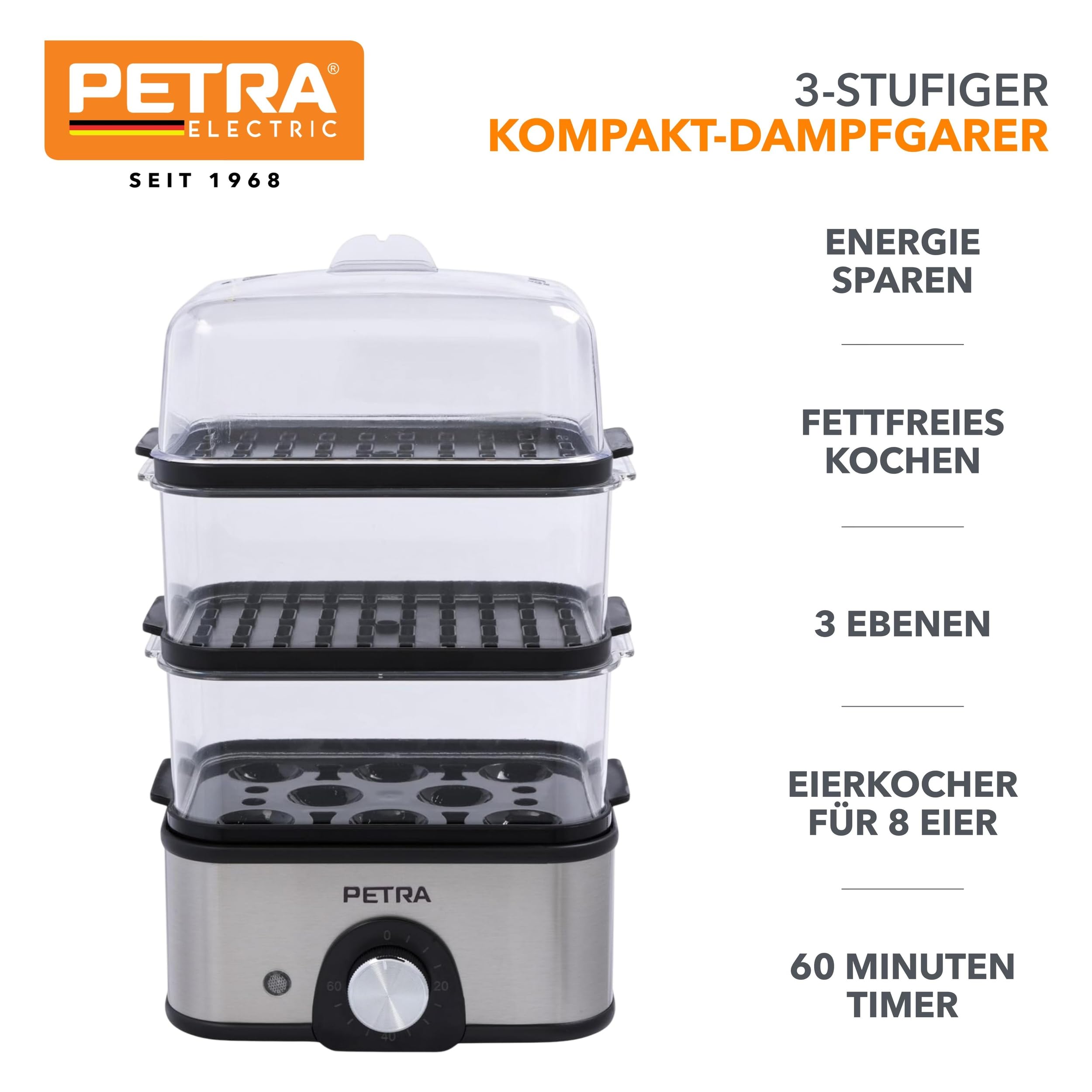 Petra Dampfgarer Elektrisch 3L, 3-Etagen Gemüsedämpfer & Eierkocher mit Timer, Elektrischer Dampfgarer für Gemüse Fisch & Knödel, BPA-frei, 60 Minuten Timer, 500W