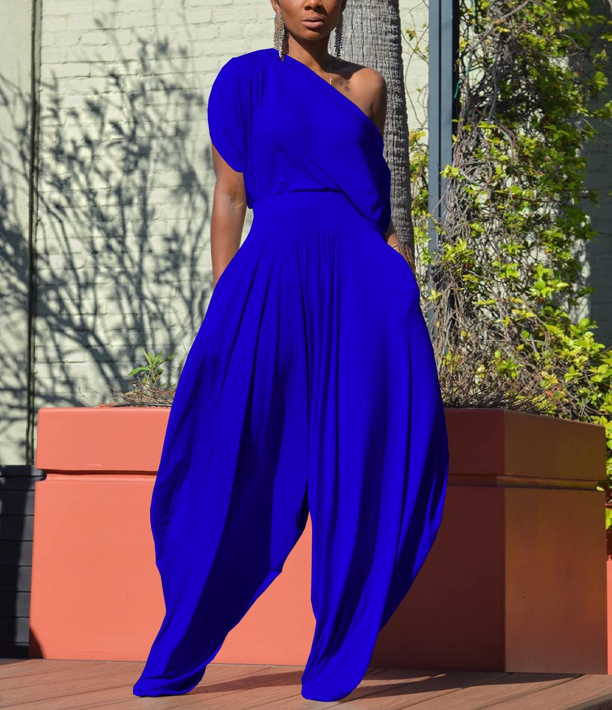 WOKANSE Tenue 2 pièces pour femme - Haut à manches courtes et épaules dénudées - Haut et pantalon sarouel ample
