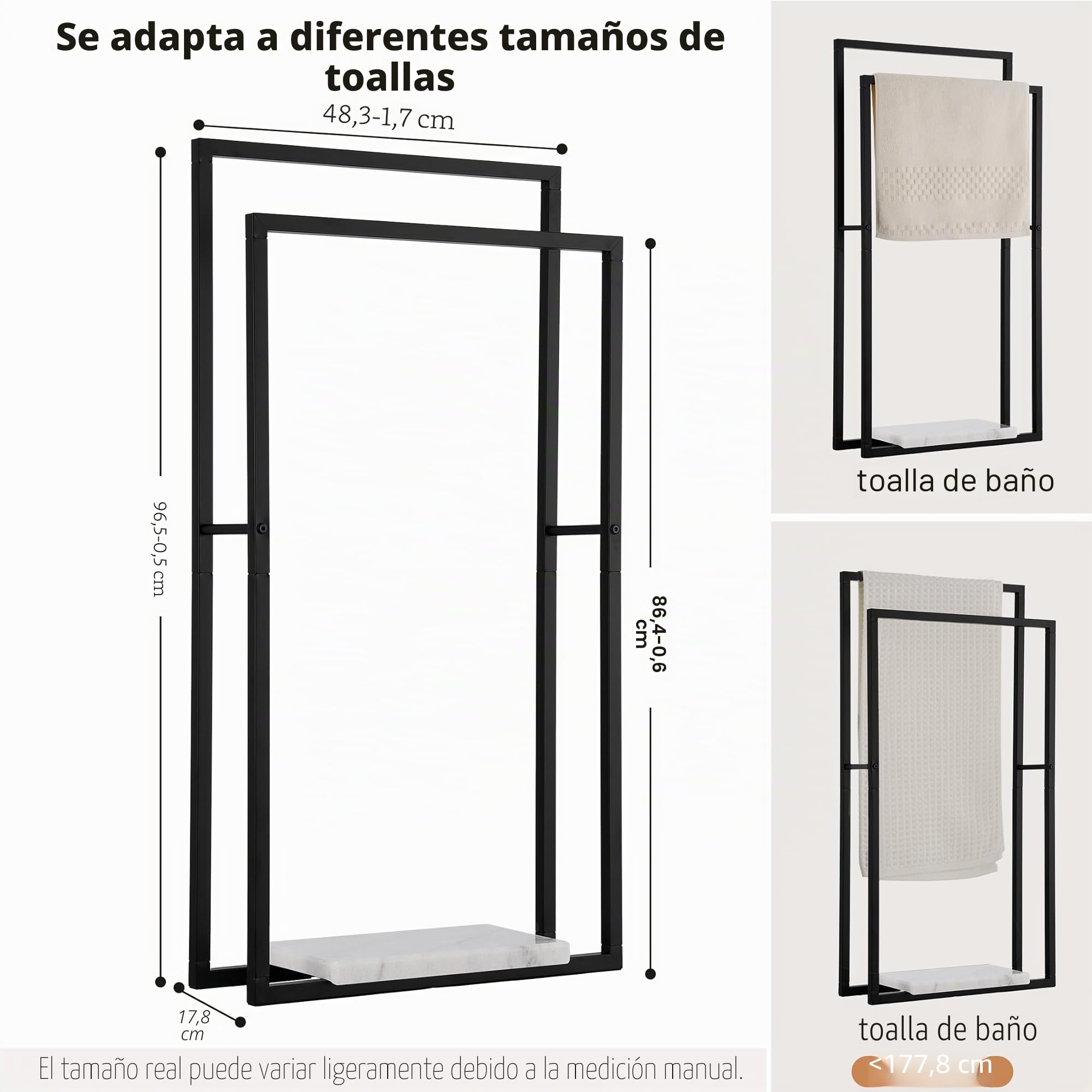 KES Toallero de Pie Toallero Negro con Base Mármol Toalleros de Baño 2 Niveles Barra Toallas Baño Barra, BTH501-BK