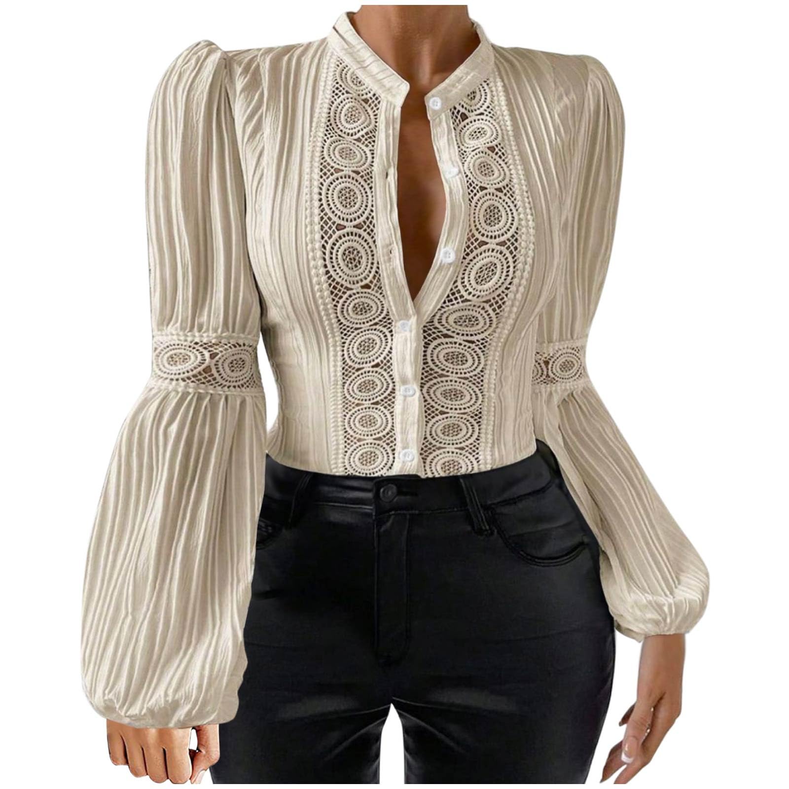 Blusas de Mujer Elegantes,Camisa de Encaje Manga Larga para Mujer Talla Grande Cuello Levantado Blusa Mujer de Mangas de Linterna Ajustado Elástico Tunic Top Camisa Mujer Manga Larga