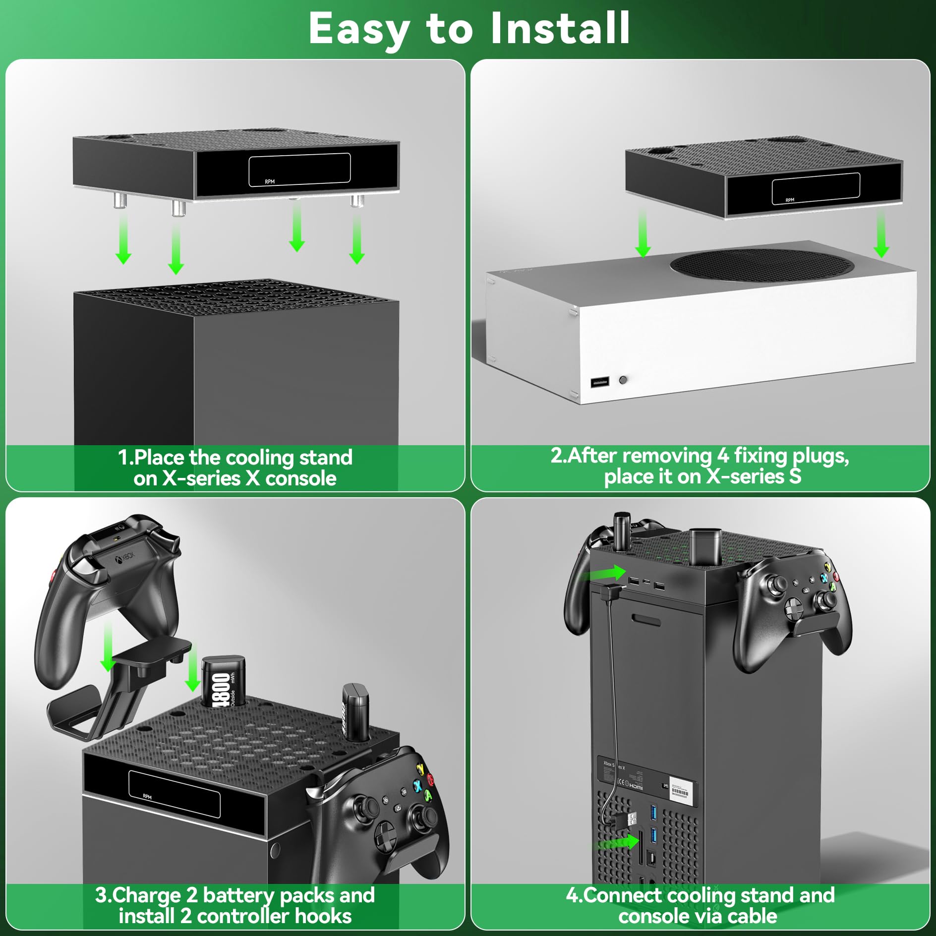 Ventilateur de Refroidissement Automatique X-box pour les Séries X box X & S avec 9 Modes d’éclairage, Chargeur de Batterie X-box avec 2×4800 mWh Batteries Rechargeables, Accessoire X-box Series X