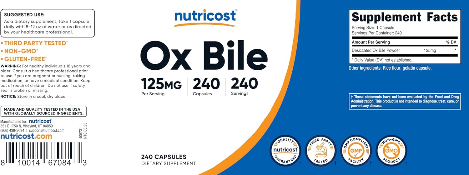Nutricost Ox Bile Capsules 125mg, 240 Capsules - Non-GMO - Image 6