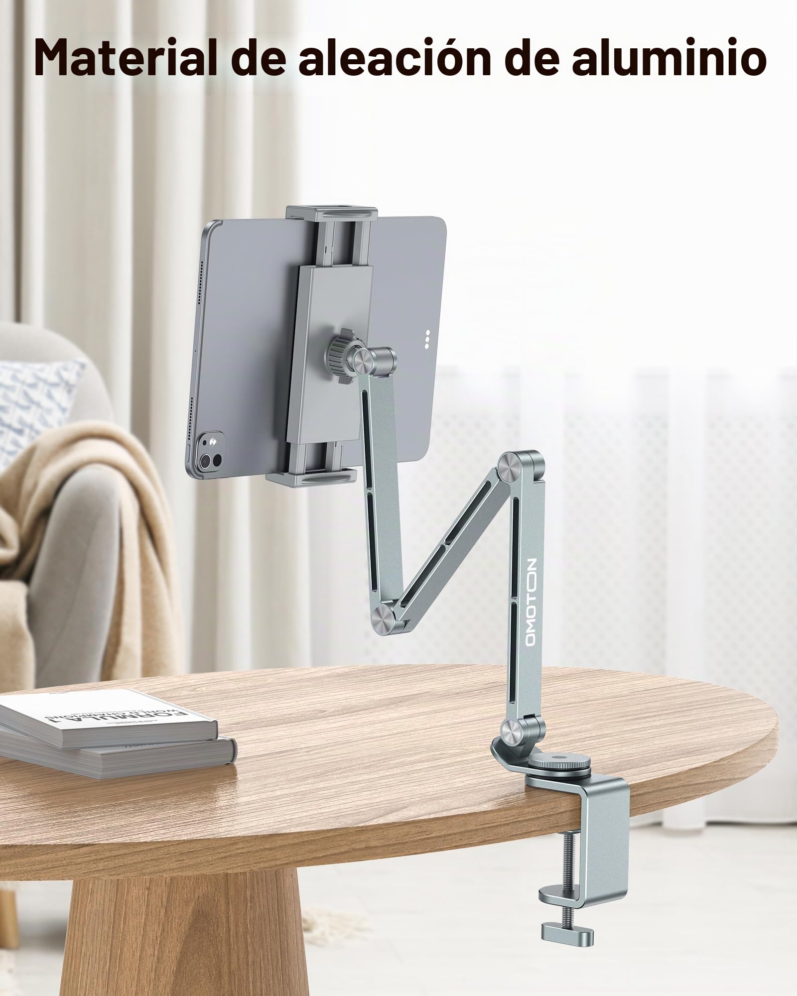 OMOTON Soporte para Tableta de Aluminio para Escritorio, Giratorio 360°, GH03 Soporte Ajustable con 2 Abrazaderas de Plástico (Teléfono y Tablet), para iPad/iPhone de 4 a 12", Gris