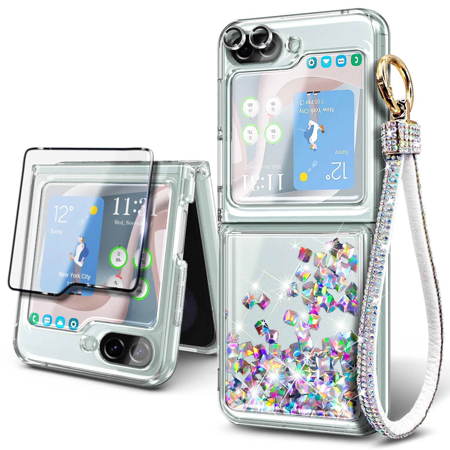 NGB Supremacy Compatible with Samsung Galaxy Z Flip 5 Case, Glitter Floating Liquid Cute Case with Tempered Glass Screen Protector/Camera Lens Protector/Wrist Strap Lanyard (Crystal Gem)
